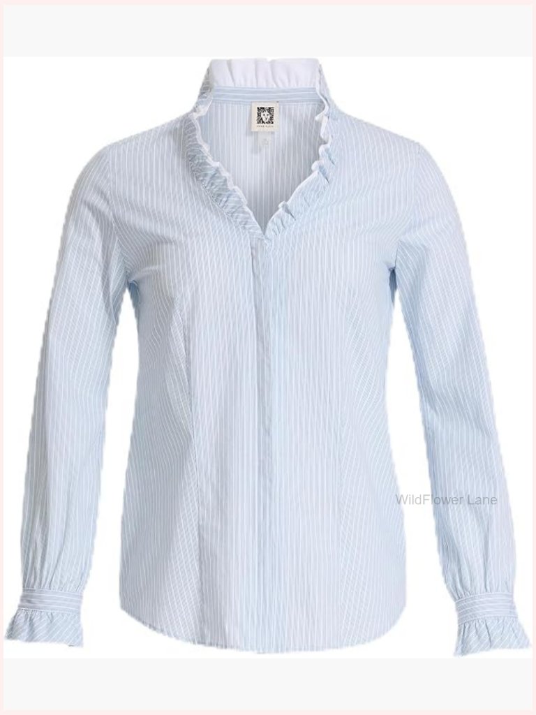 Long Sleeve Button Down Blouse - Cotton, Collared Neck, Regular Fit, Machine